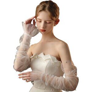 Women's Lvory Pearl Tulle Mesh Long Sheer Gloves Fingerless Wedding Party Tea